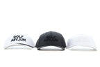 Three Off Script caps in white, black and light gray in a row