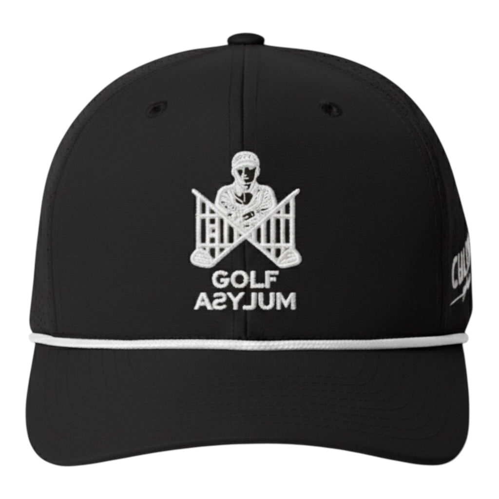 Black Straight Jacket cap with white rope trim and the Golf Asylum logo on the front