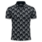 Black Escape Artist polo with a white print and striped cuffs on a mannequin, front view