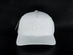 White Off Script cap with white tonal Golf Asylum lettering, front view