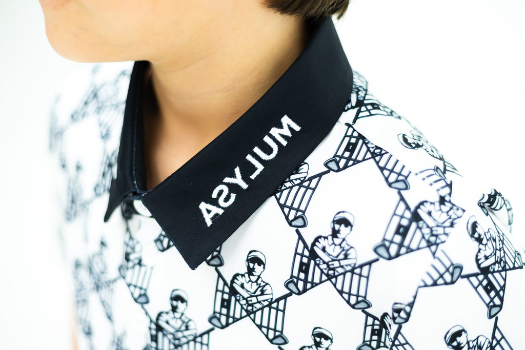 Golf Asylum wordmark on the Escape Artist polo collar