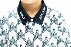 Collar and placket of the white and black Escape Artist polo