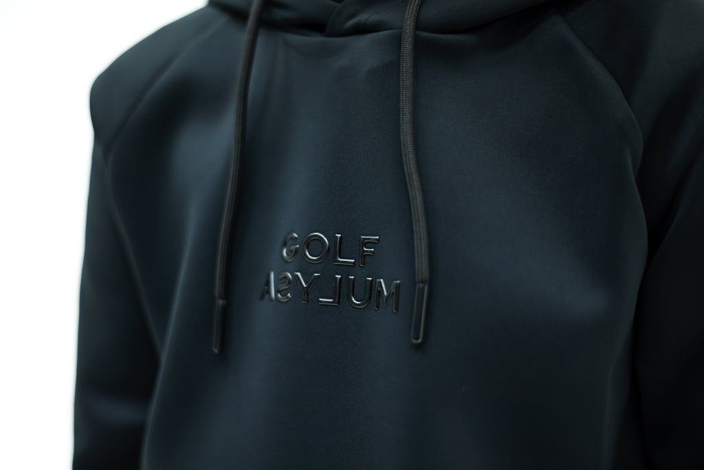Embossed Golf Asylum logo on the black hoodie