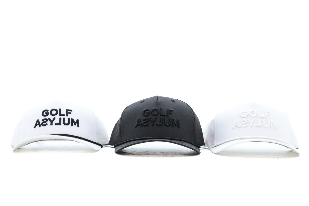 Three Golf Asylum Off Script caps in white and black, black, and white