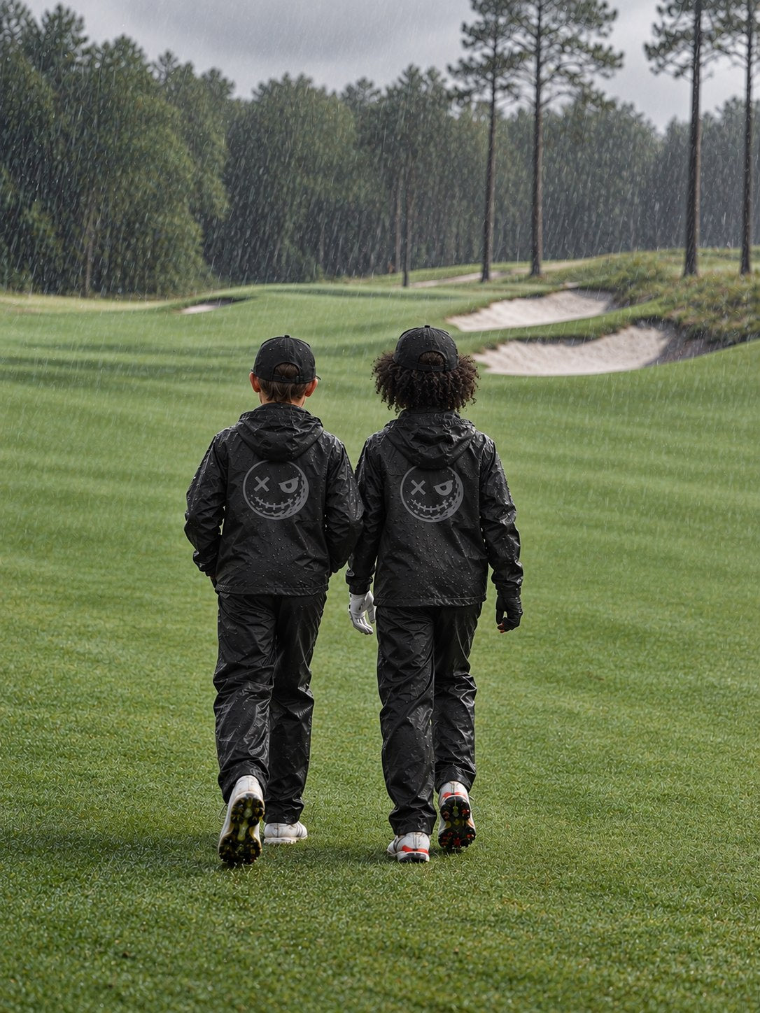 Two junior golfers in black Golf Asylum waterproofs walking down a wet fairway
