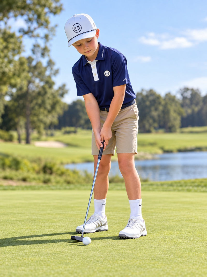 Junior golfer putting in the navy Ballhead polo