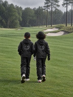 Junior golfers in Golf Asylum waterproofs in the rain